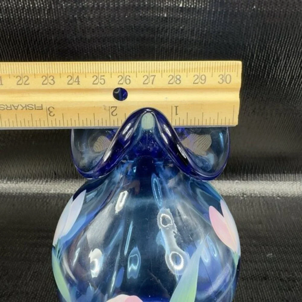 Vintage Fenton Art Glass Vase‎ Vessel Blue Hand Painted Flowers W Sticker Vase